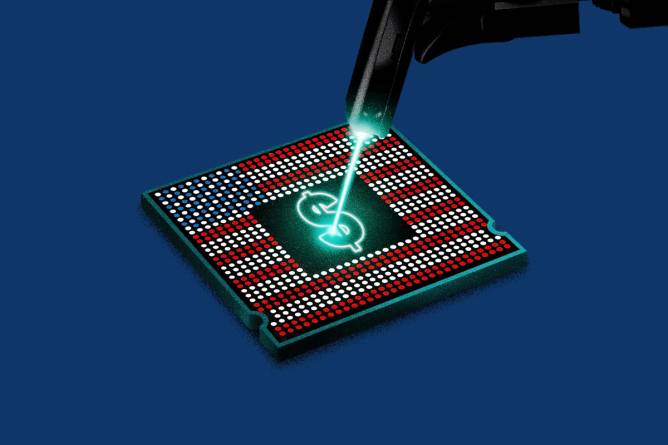 Illustration of a dollar sign being lasered onto a chip