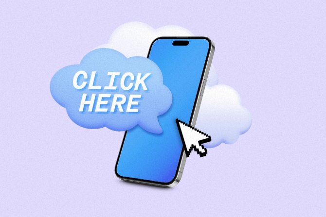 a phone with a "Click here" bubble coming out of it