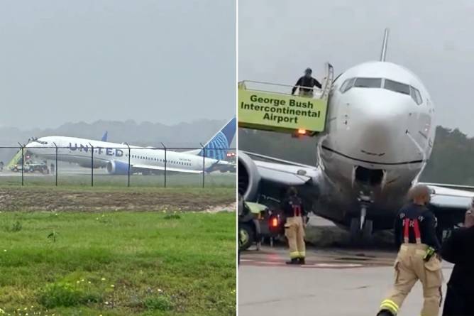 Images of a United plane that rolled off the runway into the grass