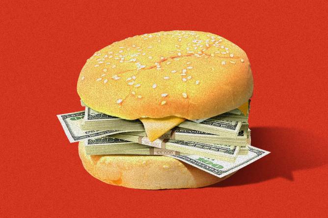 Illustration of a burger with stacks of money as the meat