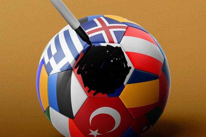 Soccer ball with Russia's flag blacked out