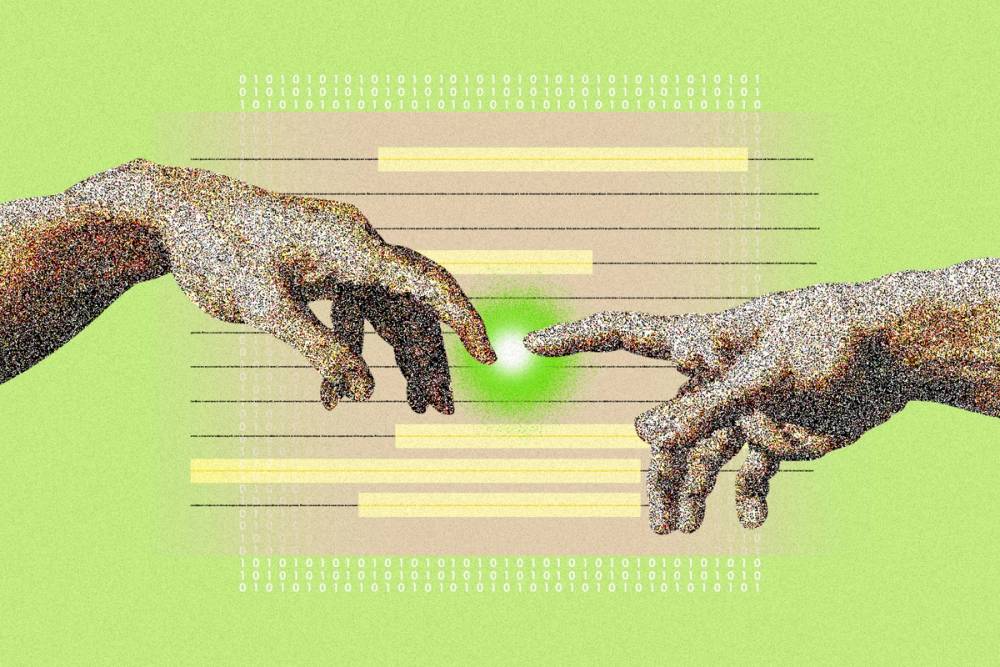 Two hands and highlighted script depicting a generative ai scene