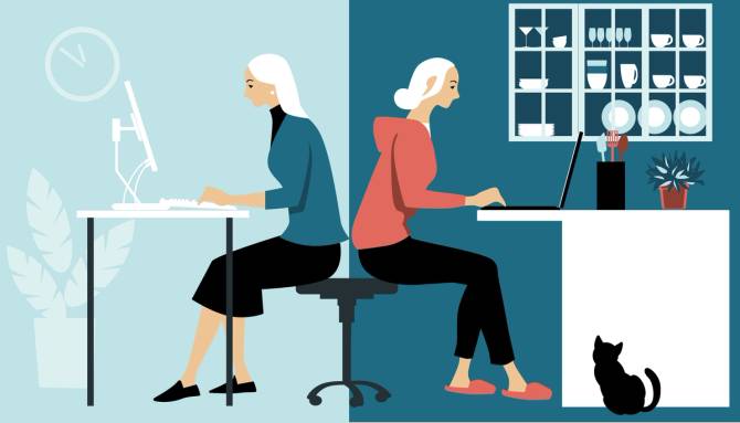 drawing of woman working at home and woman working in office 