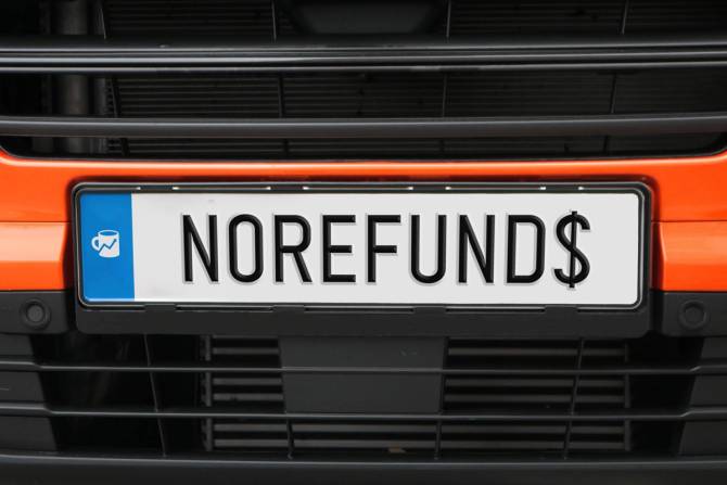 License plate with Morning Brew mug that reads "NO REFUNDS$"