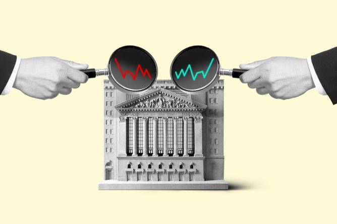 two magnifying glasses examine the NYSE