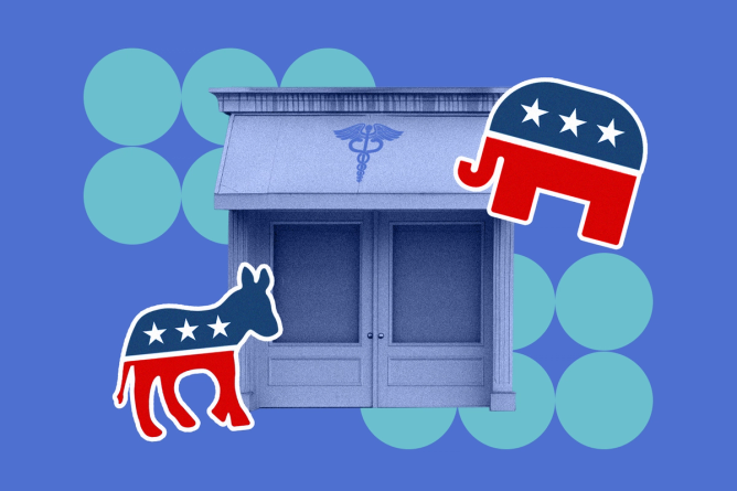 A pharmacy with a Caduceus on the front surrounded by the Democrat donkey and the Republican elephant