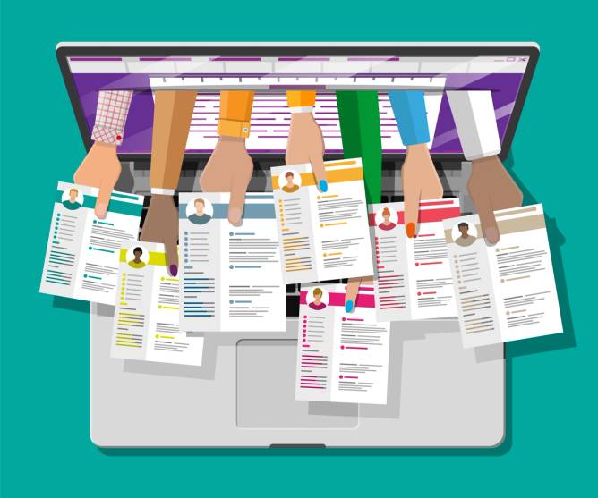 An illustration of nine hands, each holding a résumé, popping out of a laptop screen.