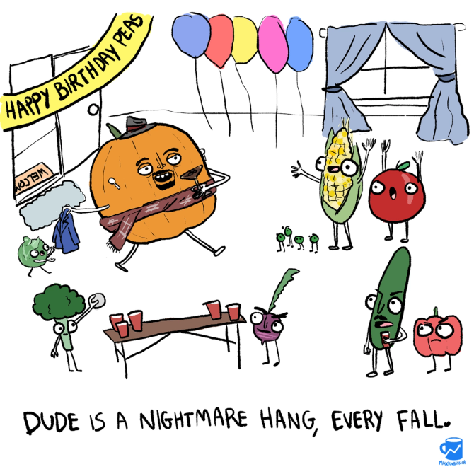 Cartoon about a partying pumpkin during fall