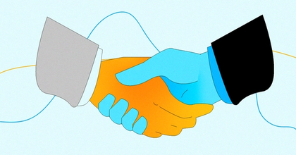 Two shaking hands on a light blue background with two abstract lines