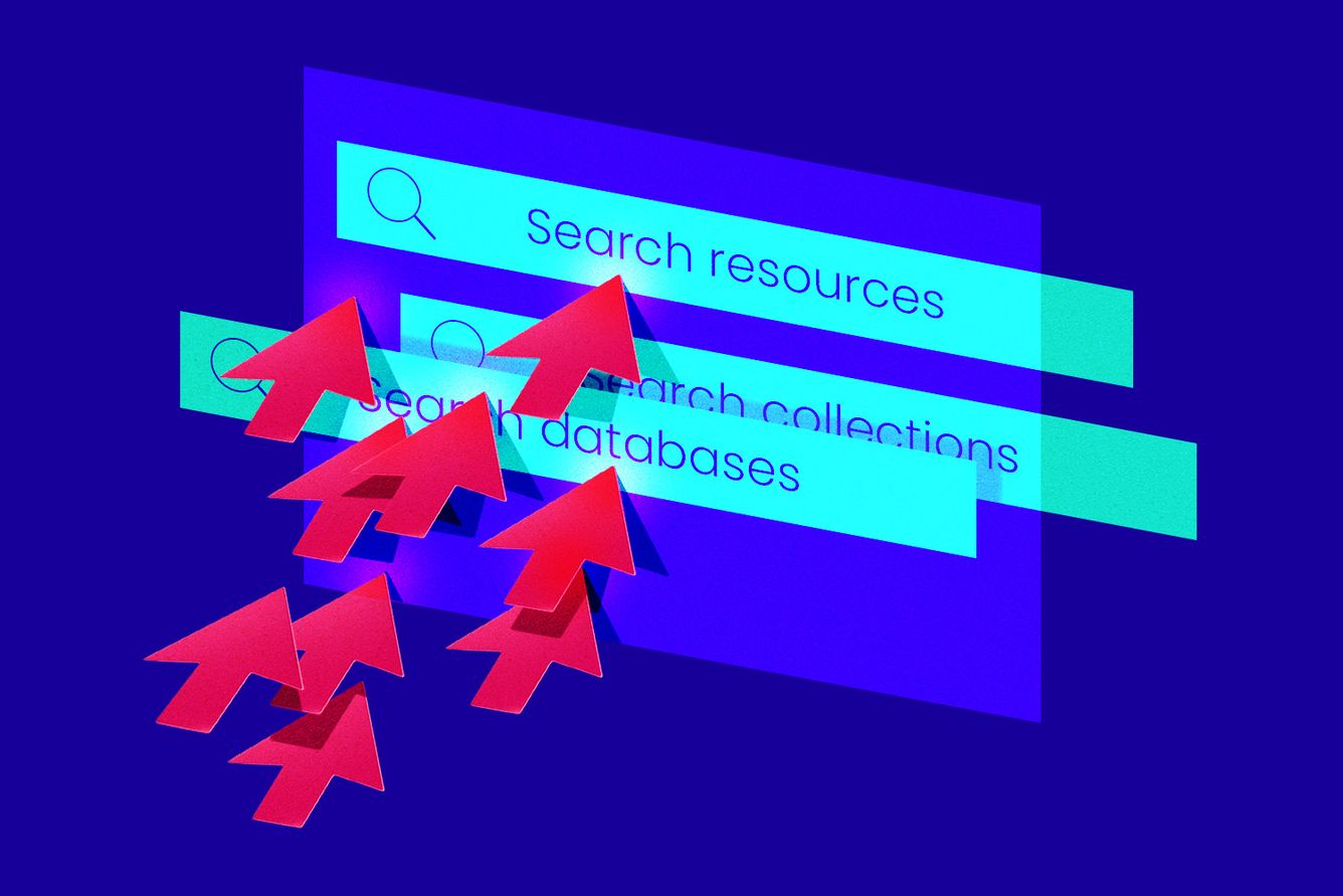 Mouse arrows huddling towards a protective screen overlayed on search bars. (Credit: Anna Kim)