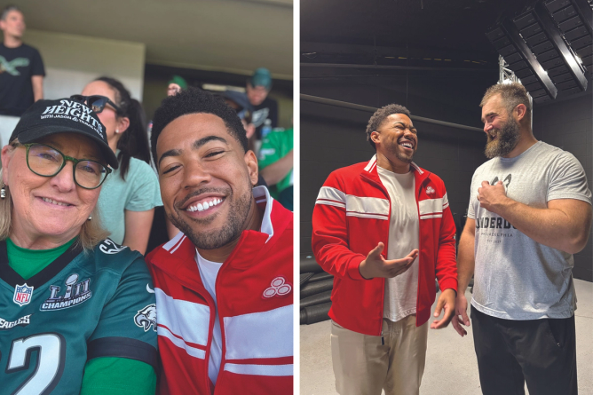 two images, one of Jake from State Farm and Donna Kelce, and one of Jake from State Farm and Jason Kelce