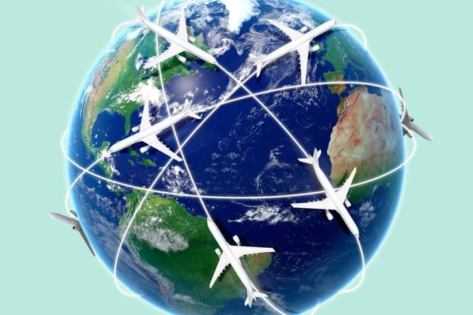 Illustration of Earth with lots of planes crisscrossing