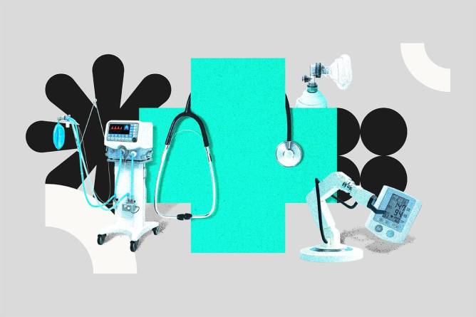 assortment of various medical devices around a teal healthcare symbol