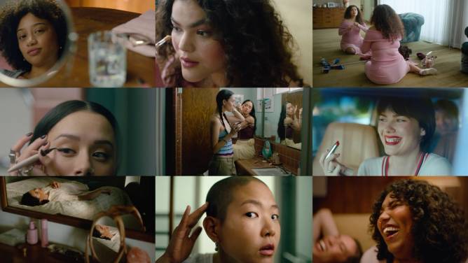 stills of people putting on makeup in a Rare Beauty campaign