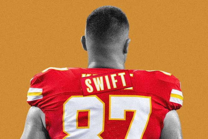 an illustration of Travis Kelce ina Kansas City Chiefs jersey with "SWIFT" pasted over his last name 