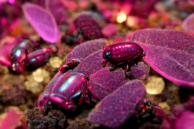 an image that's part of Pantone's "Magentaverse" that was created by AI tool Midjourney featuring magenta beetles