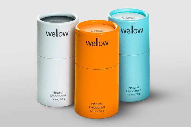 an image of Wellow's deodorants in three colors: white, orange, and blue