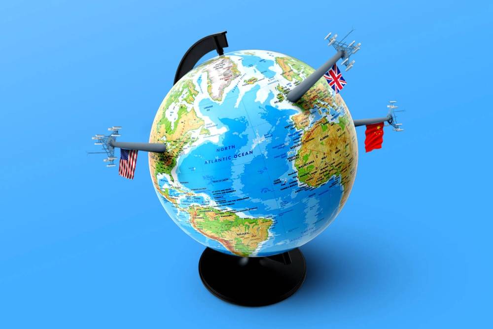 Globe with satellite antennas coming out of U.S., EU, and China with respective flags