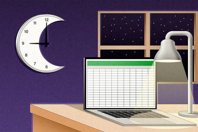 Photo illustration of a remote workspace at night.