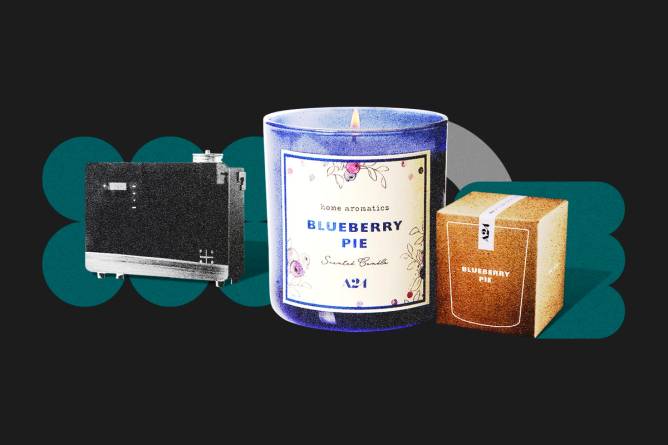 Collage of A24 x Joya products, which include a blueberry pie scented candle and a black, box-shaped device