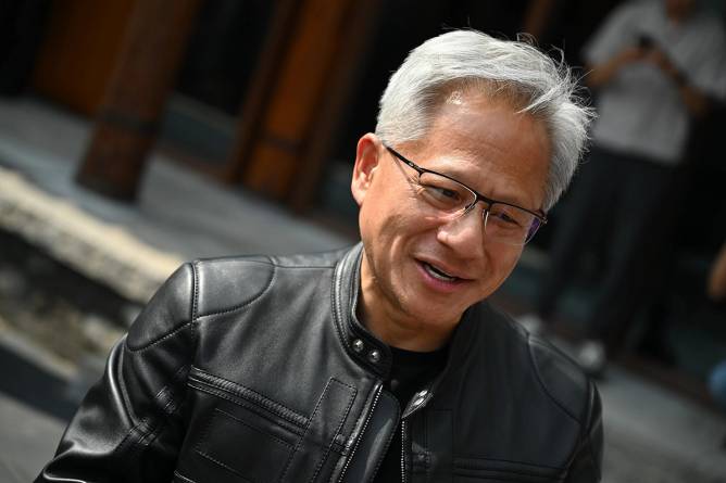 Jensen Huang, CEO of Nvidia, speaks to journalists.