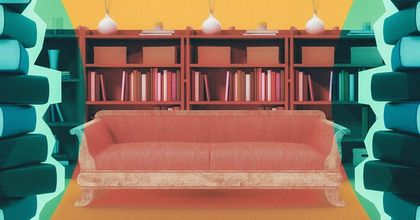 2D illustration of a couch sitting in front of a large, expansive bookshelf