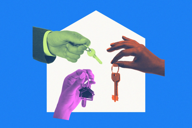 Collage of hands holding house keys