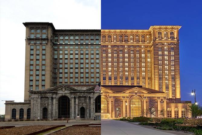 Split-screen of the old vs. new Michigan Central Station