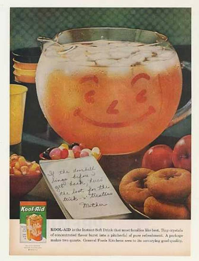 old Kool-Aid ad featuring orange Kool-Aid in a pumpkin glass