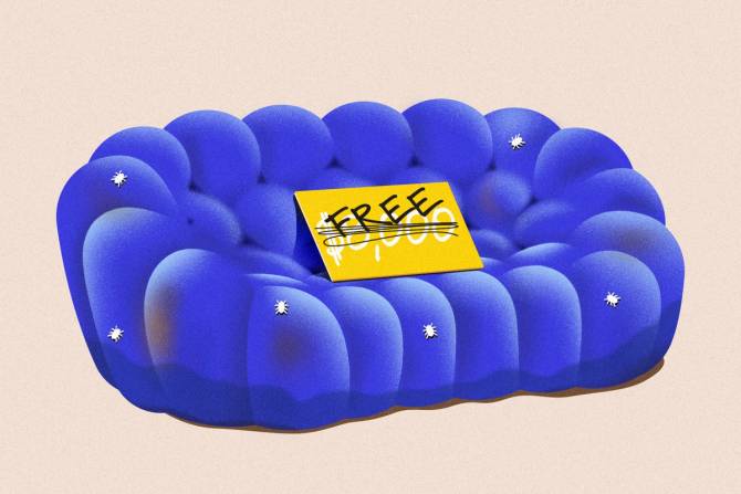 Illustration of a tattered blue bubble couch with a yellow "FREE" sign sitting on it