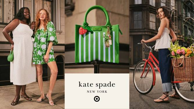 Two photos show models with wearing clothing and and carrying handbags from the Kate Spade New York x Target collection. 