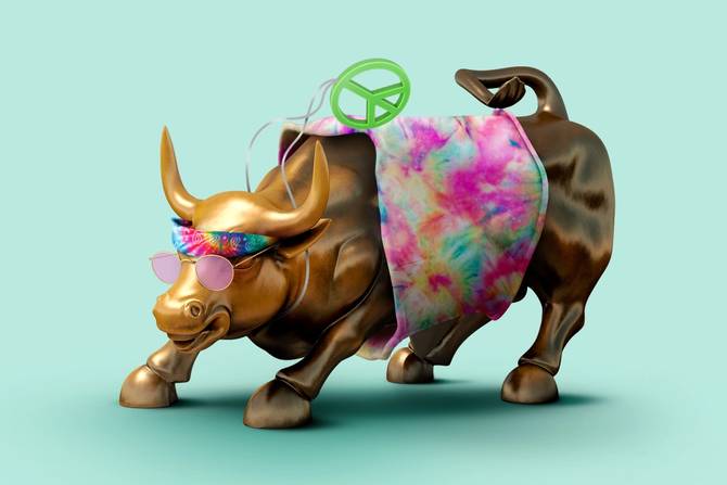 An illustration of the wall street bull wearing tie-dye, pink sunglasses, and a peace sign necklace in front of a turquoise background
