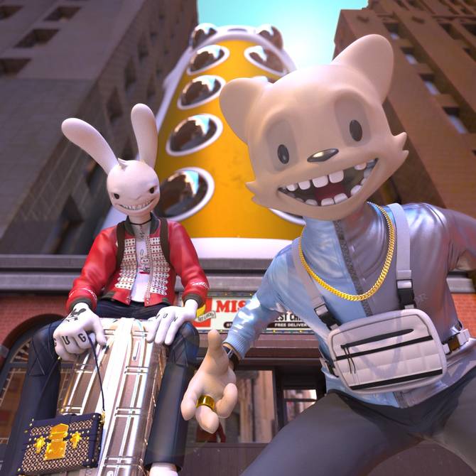 Computer-generated rabbit and cat dressed in streetwear in an animated city environment.