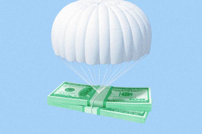 A graphic showing money parachuting to the ground softly