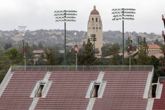 A view of Hoover Tower on the campus of Stanford University as seen from Stanford Stadium before a Pac-12 NCAA college football game between the Oregon Ducks and the Stanford Cardinal on September 30, 2023 in Palo Alto, California.