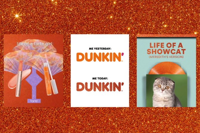posts from Tarte Cosmetics (life of a tarte girl), Dunkin' (Dunkin', in sparkly orange letters), and Petco (Life of a showcat: Meredith's version) referencing Taylor Swift's album announcement, Life of a Showgirl.