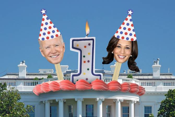 Biden and Kamala Harris popping out of the White House to celebrate their 1-year anniversary 