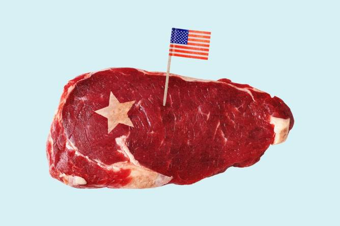 A steak with a US flag planted in it