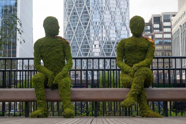 A view of London's financial center Canary Wharf as an installation called 