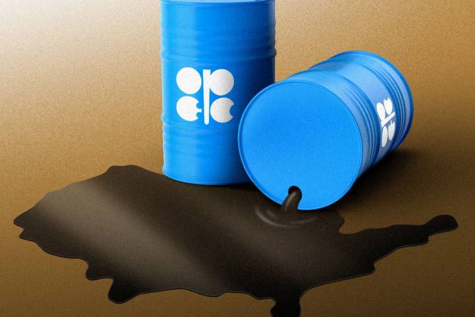 An OPEC oil drum spilling into the shape of the US