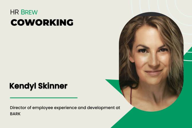 Tan postcard-style image; on the left it says: HR Brew Coworking; Kendyl Skinner, Director of employee experience and development at BARK; on the right is an oval headshot of a woman with short blonde hair.