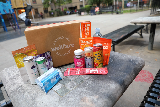 A Wellfare box on a table with food and beverage products