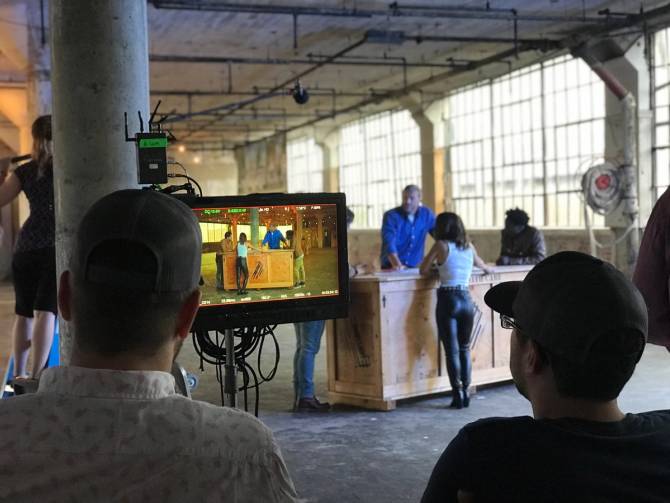 Workers on a film set.
