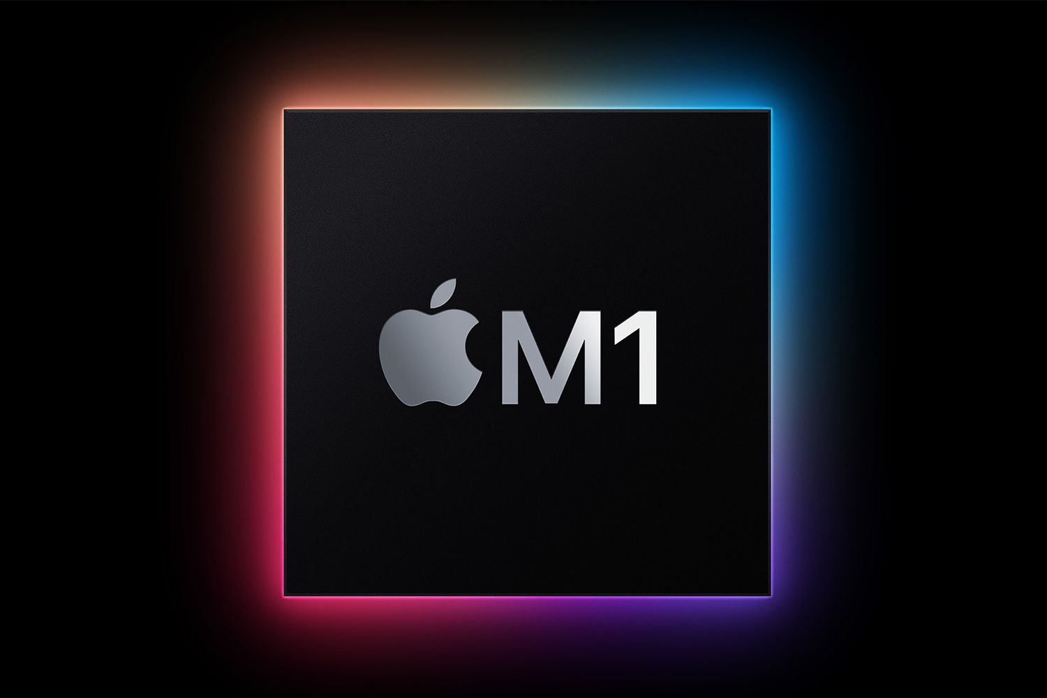 The Apple logo contained within black square with a glowing rainbow gradient around its edges.