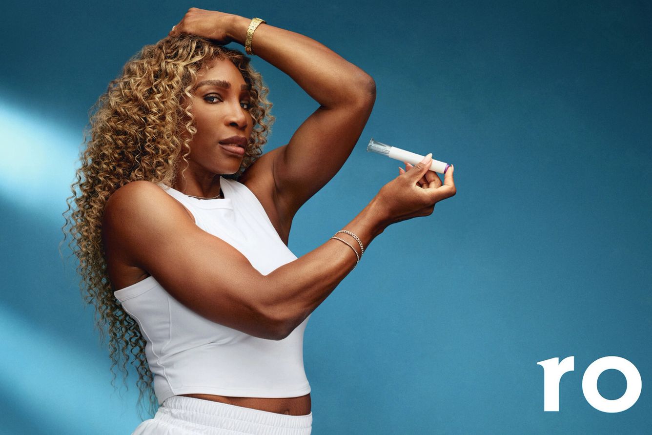 Serena Williams holding a GLP-1 sharp near the underside of her arm