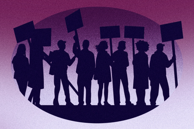 The silhouette of people standing on a picket line holding signs on a purple gradient background