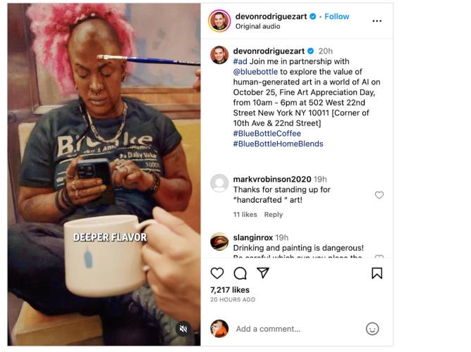 A still from a video on Instagram in which a paint brush is applying paint to a canvas for a portrait of a person on the subway.