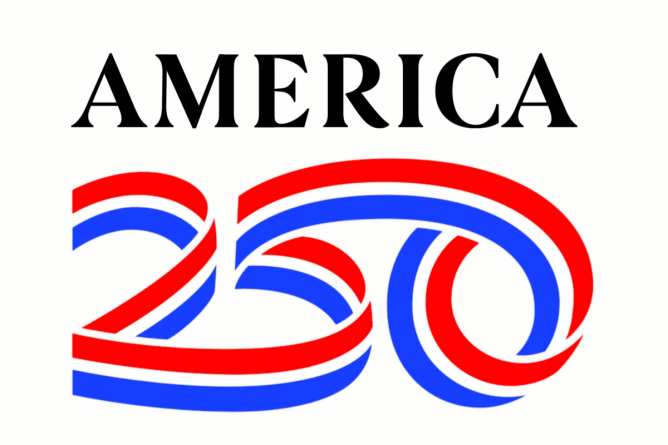 The America 250 logo, with "250" depicted in cursive in a red, white, and blue-striped ribbon design