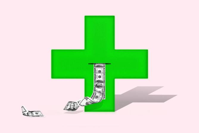 Hospital cross symbol with money coming out of it.