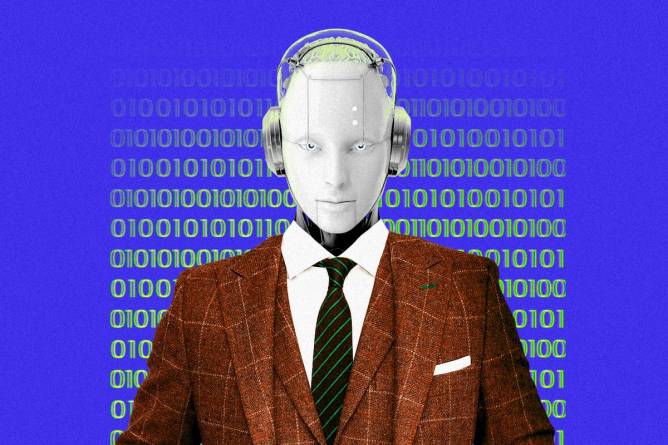 A robot dressed in a business suit with a grid of binary code behind it